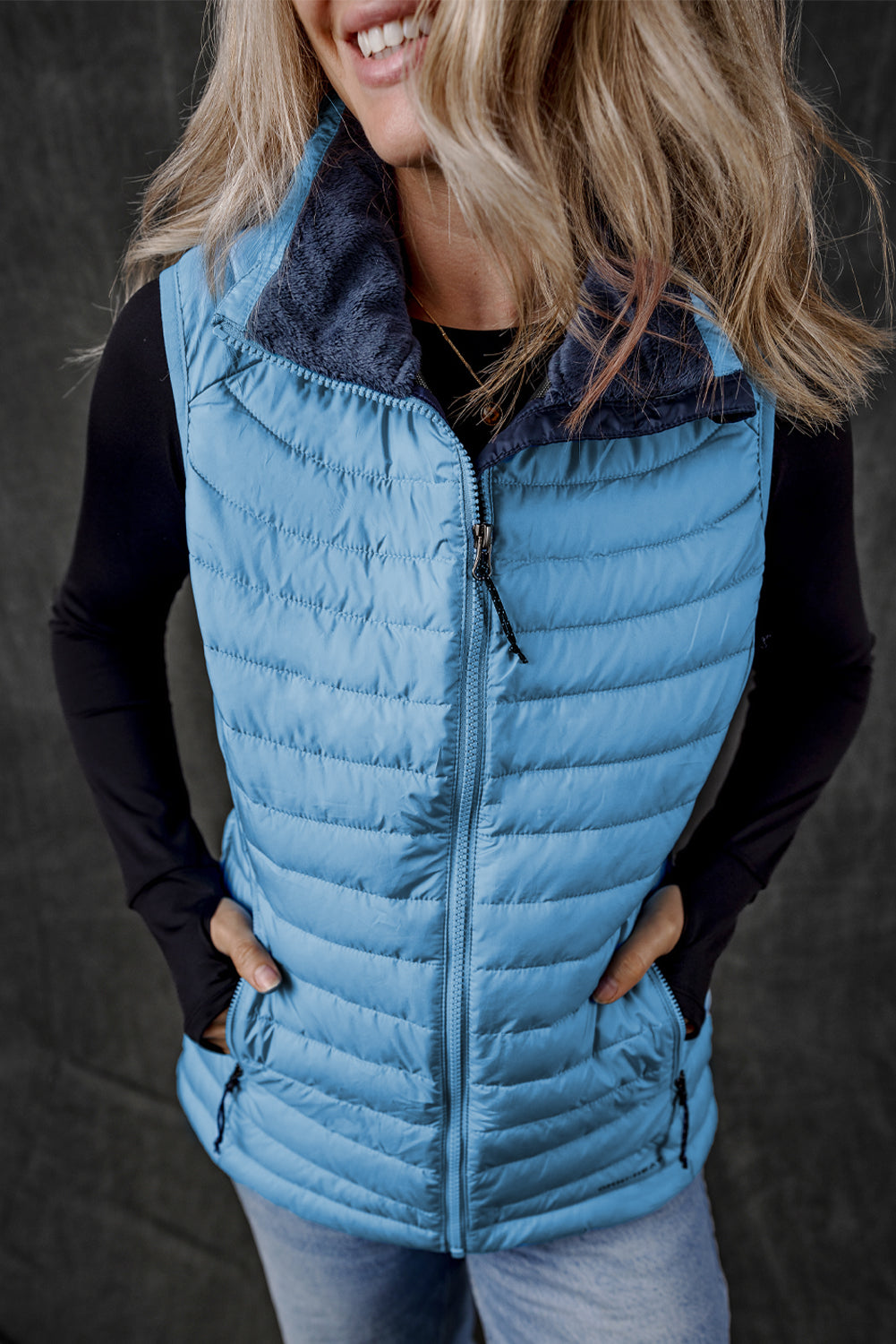 Blue Plush Collared Quilted Zipped Puffer Vest