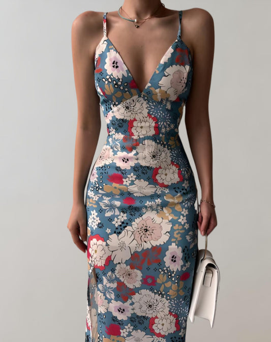 Lara - V-neck floral dress with high slit