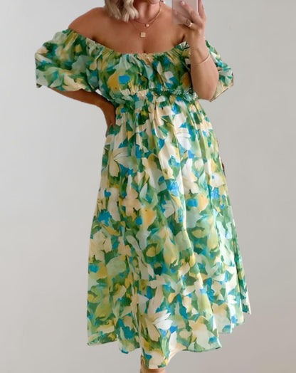 Freya - Floral U-neck dress with short puff sleeve