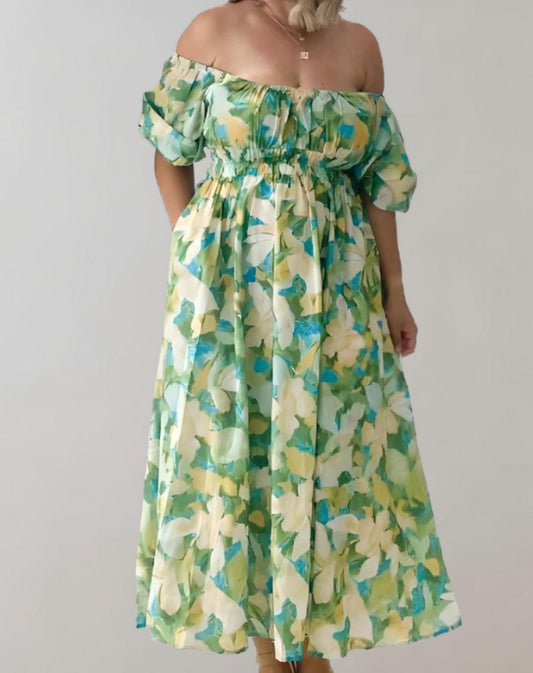 Freya - Floral U-neck dress with short puff sleeve
