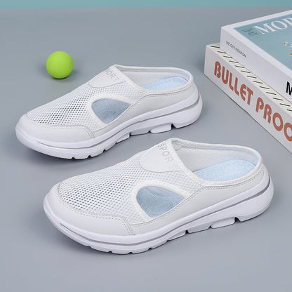 Image showing women's sporty sneakers with a breathable mesh design, featuring an open-toe and slip-on style, perfect for casual wear or active lifestyles.