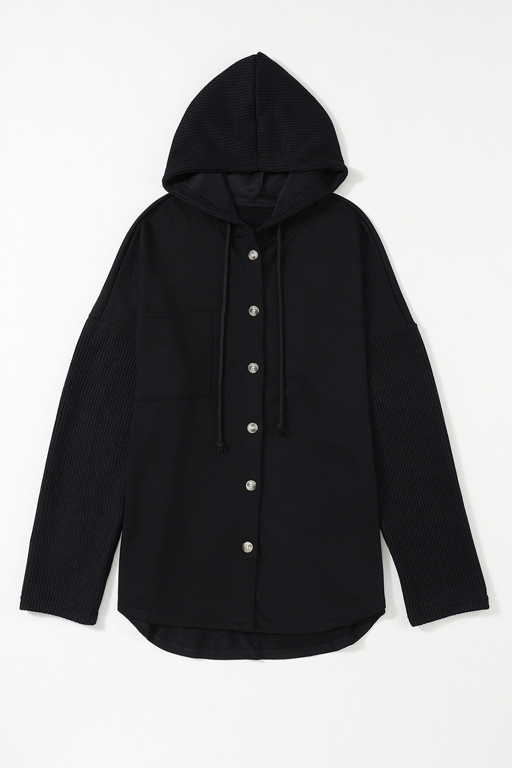 Button Up Contrast Knitted Sleeves Hooded Jacket