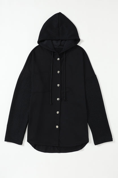Button Up Contrast Knitted Sleeves Hooded Jacket