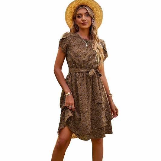 Model wearing Emma Women's Casual Belted Dress, a stylish short dress with a relaxed fit, featuring a tied belt at the waist, ideal for casual outings and effortless everyday style.