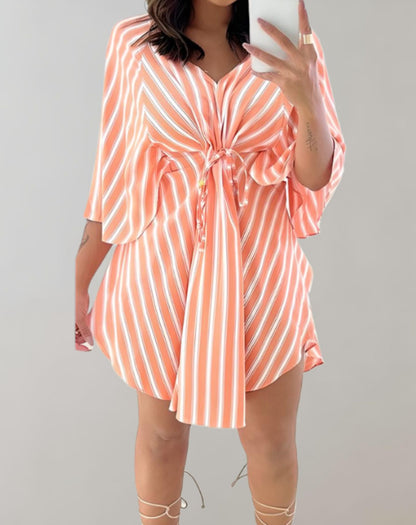 Briana - Striped Mini Dress with Batwing Sleeves and V-Neck