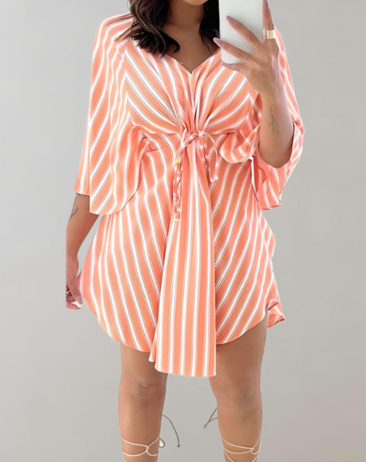 Briana - Striped Mini Dress with Batwing Sleeves and V-Neck