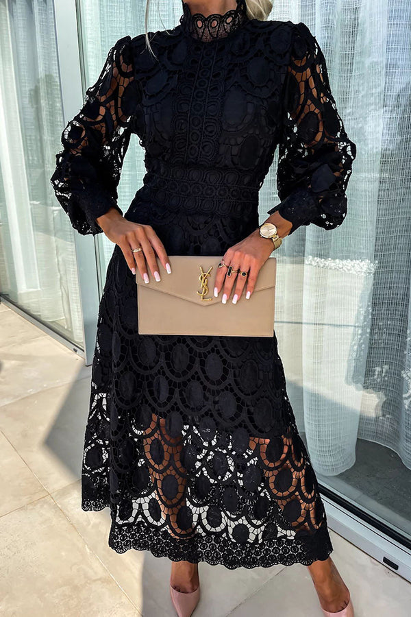 Elegant high-neck midi dress featuring intricate lace detailing, long sleeves, and a flattering silhouette, perfect for formal events or special occasions.