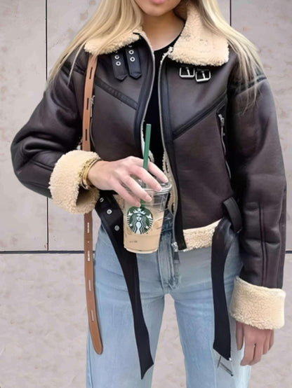 Raven - Warm Leather Jacket with Fleece Details