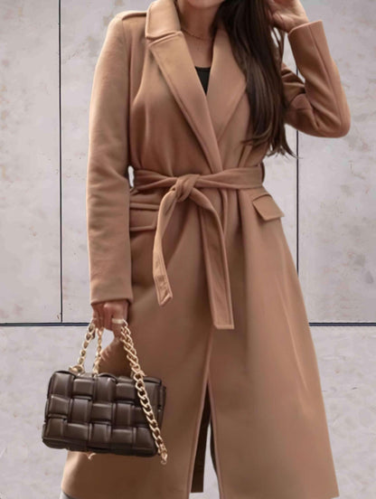 Caroline - Long Elegant Belted Coat with Notched Collar