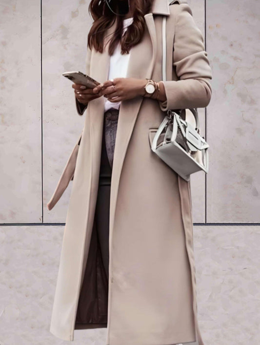 Caroline - Long Elegant Belted Coat with Notched Collar