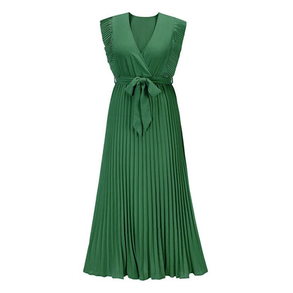  Sleeveless pleated maxi dress with a belted waist and v-neckline, featuring detailed ruffles on the shoulders and a flowy silhouette, perfect for elegant occasions.