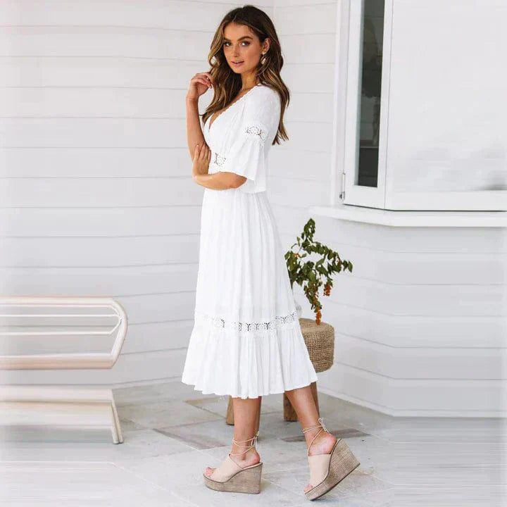 Amelia | Women's Lace-Trim Dress | Elegant Midi Dress featuring delicate lace detailing, a graceful fit, and a refined midi length, perfect for sophisticated and stylish occasions.