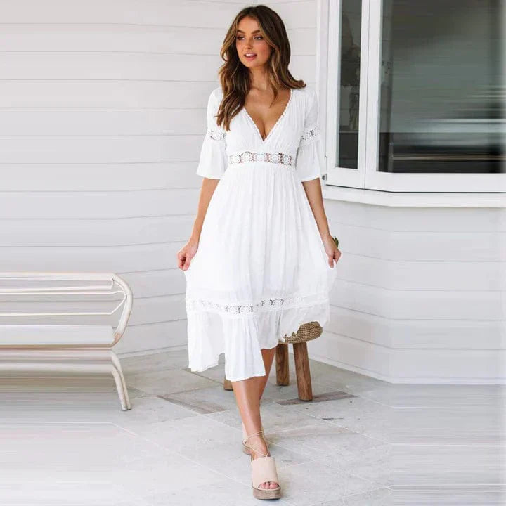 Amelia | Women's Lace-Trim Dress | Elegant Midi Dress featuring delicate lace detailing, a graceful fit, and a refined midi length, perfect for sophisticated and stylish occasions.