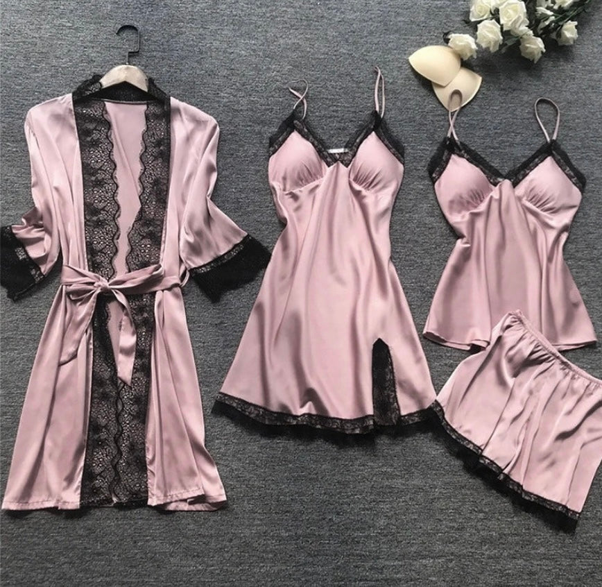 A luxurious 5-piece satin lingerie set featuring a robe, slip dress, camisole, shorts, and nightgown. Each piece is designed with delicate lace detailing and adjustable straps, offering both comfort and elegance for nighttime wear. Perfect for lounging or special occasions.