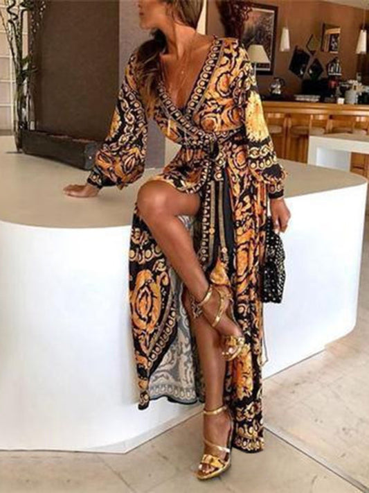 Model wearing the Nina | Women's Bohemian Wrap Dress | Bold Print Dress, featuring a flowing wrap design with intricate patterns and long sleeves, perfect for a bold, stylish look.