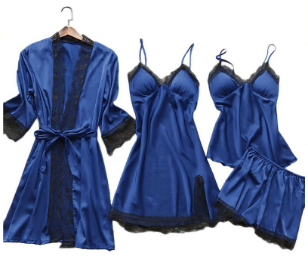 A luxurious 5-piece satin lingerie set featuring a robe, slip dress, camisole, shorts, and nightgown. Each piece is designed with delicate lace detailing and adjustable straps, offering both comfort and elegance for nighttime wear. Perfect for lounging or special occasions.