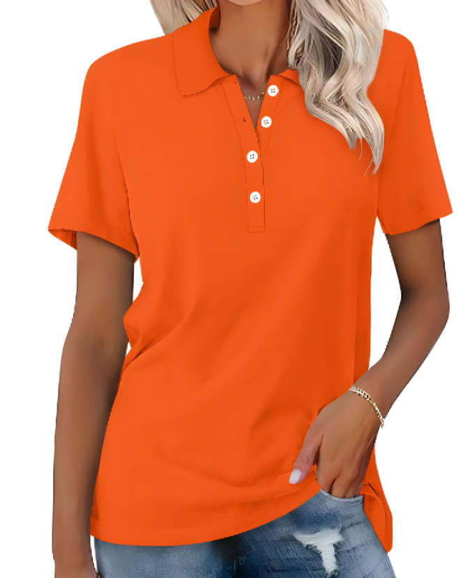Image showing a stylish women's polo shirt with a classic design, short sleeves, and buttoned collar, paired with casual denim jeans for a chic everyday look.