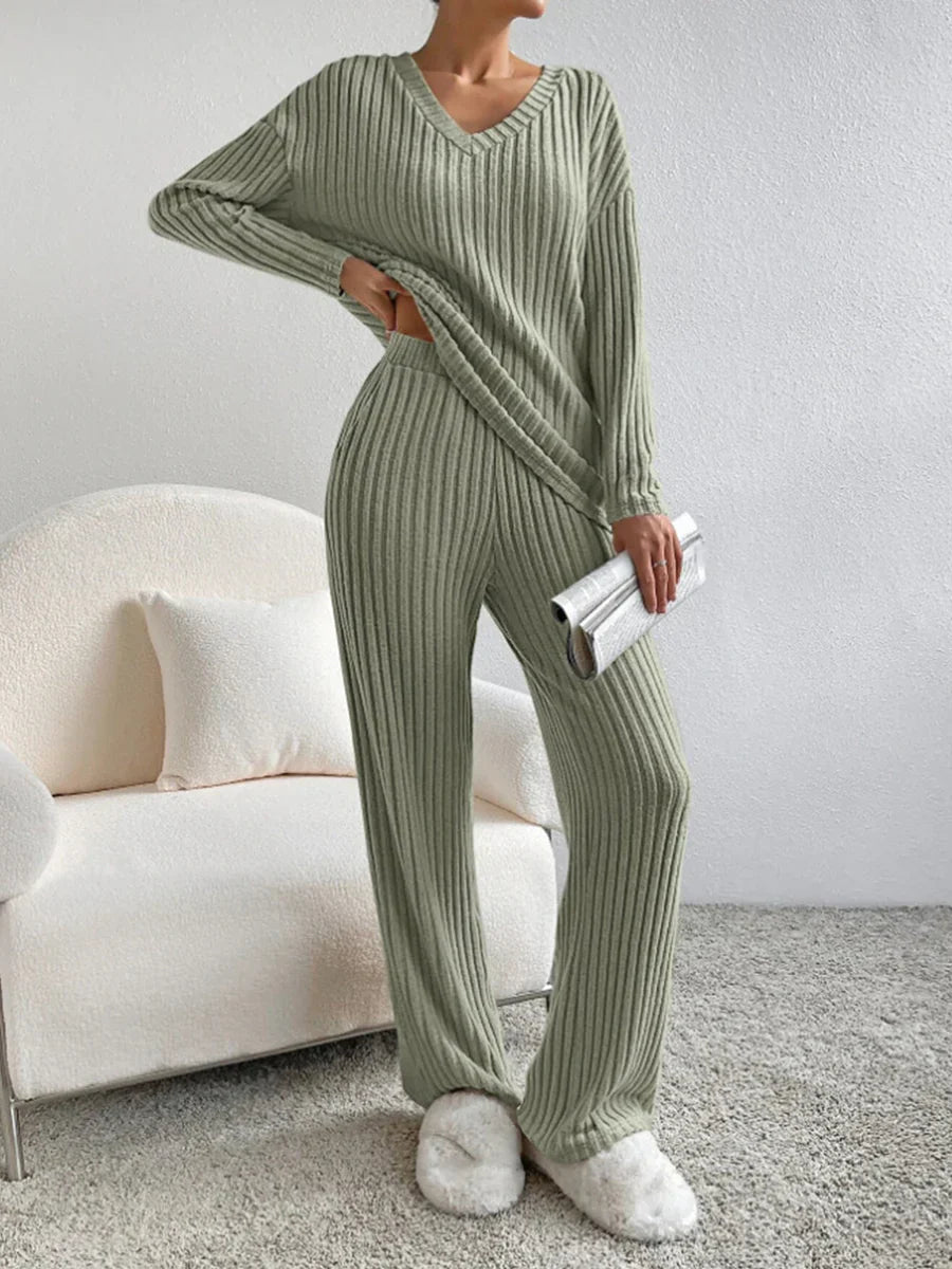 Model wearing the Lila Women's Ribbed Two-Piece Set, featuring a relaxed-fit top and matching pants with a soft ribbed texture, perfect for lounging or casual outings.