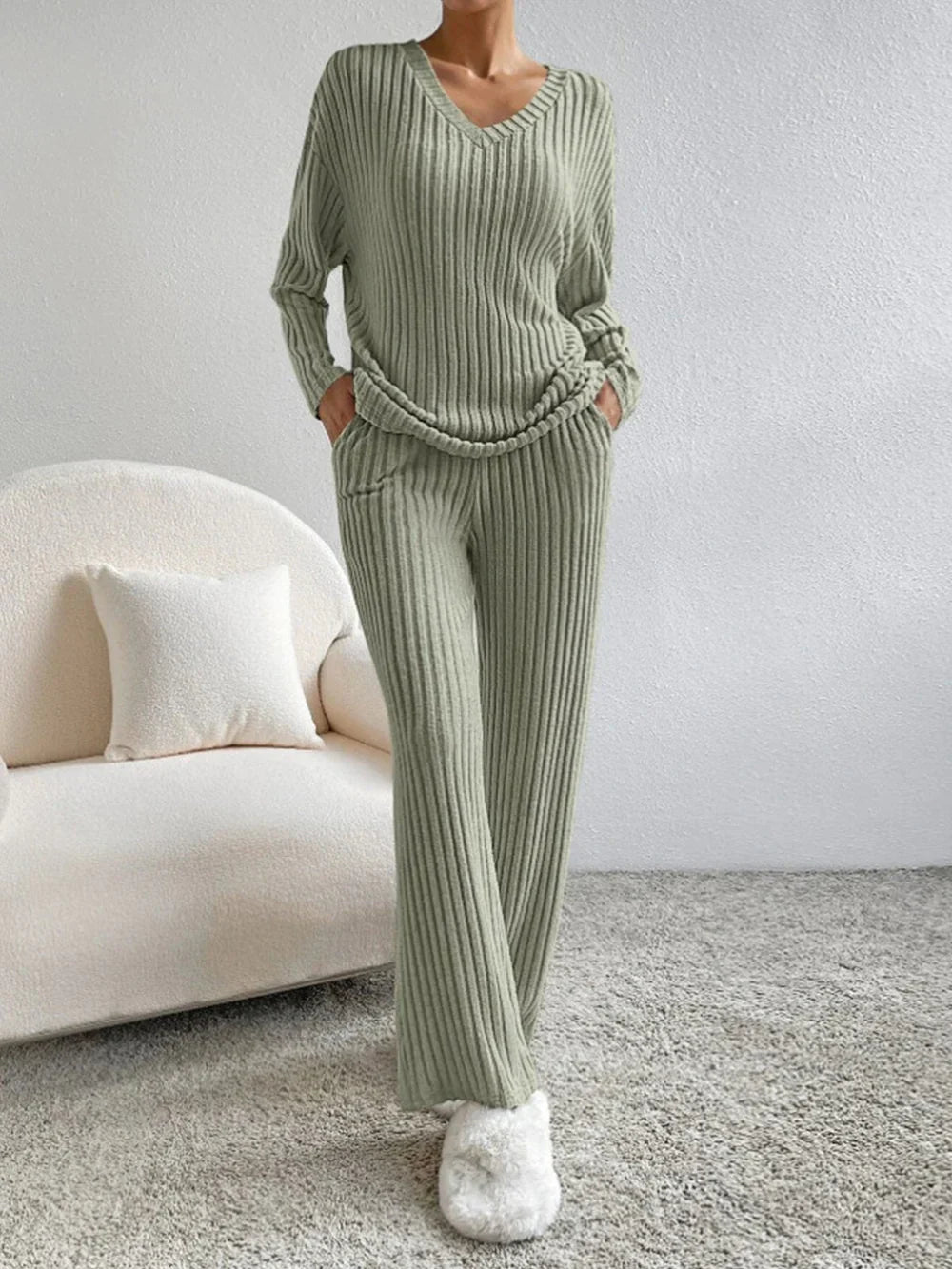 Model wearing the Lila Women's Ribbed Two-Piece Set, featuring a relaxed-fit top and matching pants with a soft ribbed texture, perfect for lounging or casual outings.