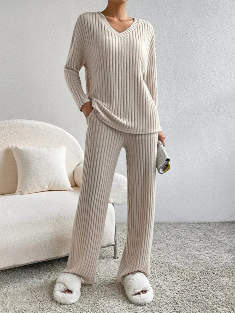 Model wearing the Lila Women's Ribbed Two-Piece Set, featuring a relaxed-fit top and matching pants with a soft ribbed texture, perfect for lounging or casual outings.