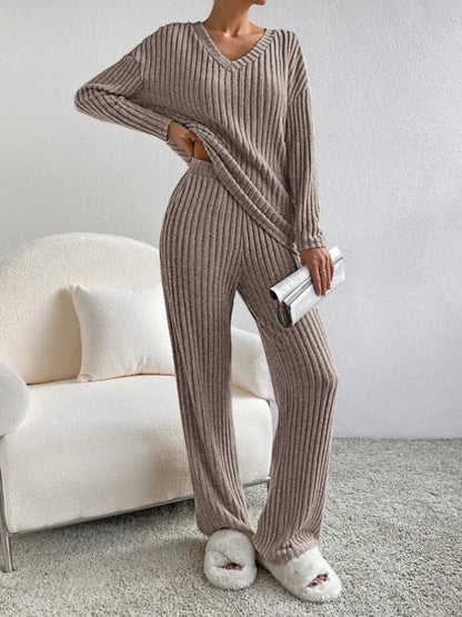 Model wearing the Lila Women's Ribbed Two-Piece Set, featuring a relaxed-fit top and matching pants with a soft ribbed texture, perfect for lounging or casual outings.