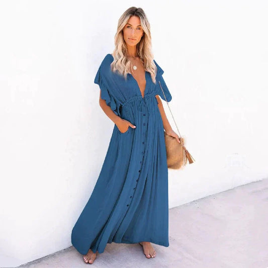 Model wearing the Eva Women's Flowy Maxi Dress with a button-down design, showcasing its elegant and breezy silhouette, perfect for casual and special occasions.