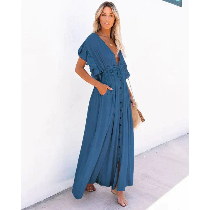 Model wearing the Eva Women's Flowy Maxi Dress with a button-down design, showcasing its elegant and breezy silhouette, perfect for casual and special occasions.