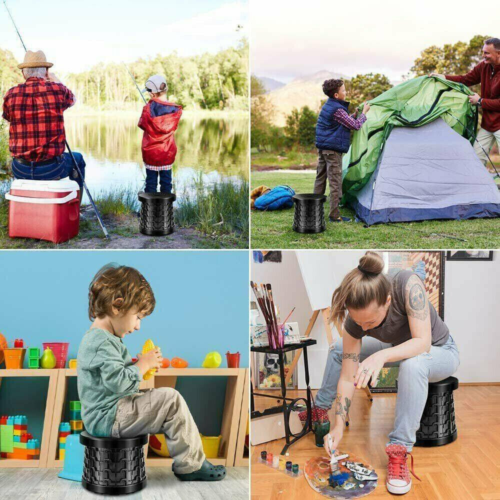 Two people sitting on adjustable camping stools while fishing near a tent, showcasing the stool's portable and sturdy design for outdoor comfort.