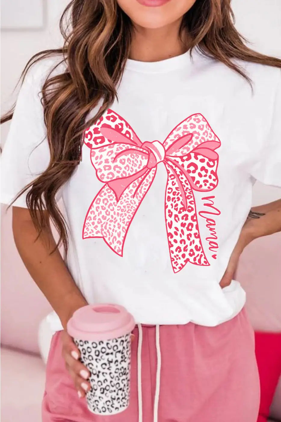 LuxeMoments White Leopard Bow Mother’s Day Fashion T-Shirt