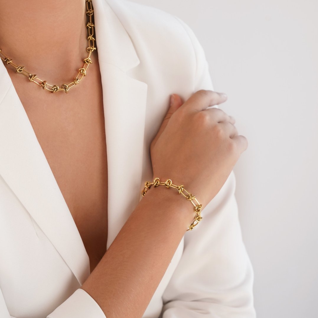 Close-up of the Sophia Women's Knot Bracelet showcasing its bold design with intricate knot details, perfect for making a statement and enhancing any outfit with a touch of sophistication.